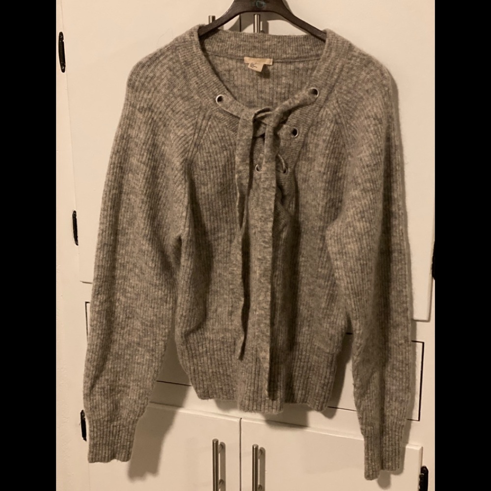 H&M Gray Wool Mohair Blend Tie Ribbed Sweater